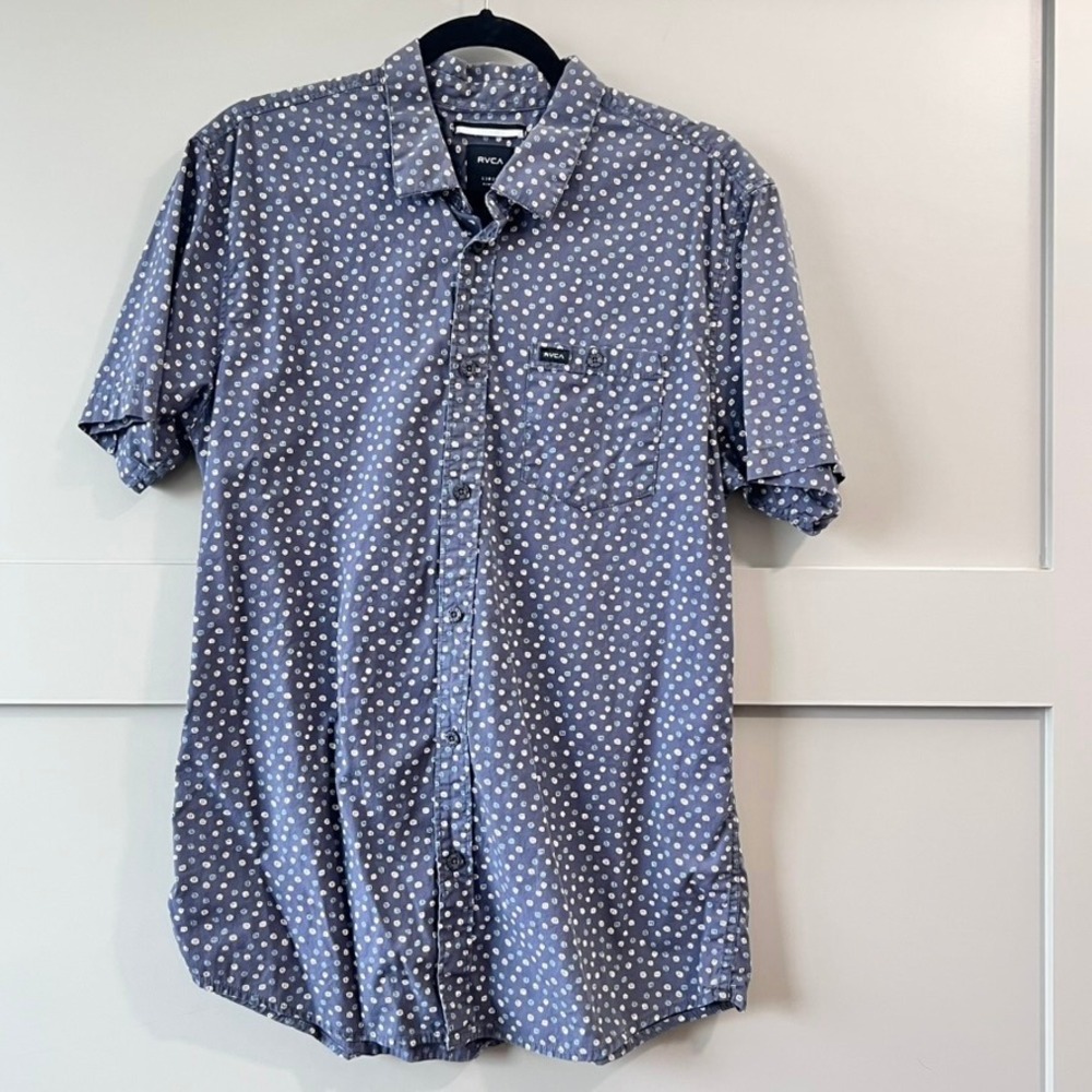 RVCA‎ Button Down Shirt Mens Large Blue Slim Fit Geometric Micro Print